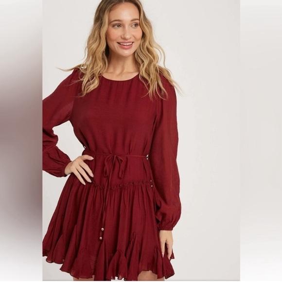 Blu ivy maroon swing dress with tie and ruffled bottom, round neck detai… - Picture 1 of 7